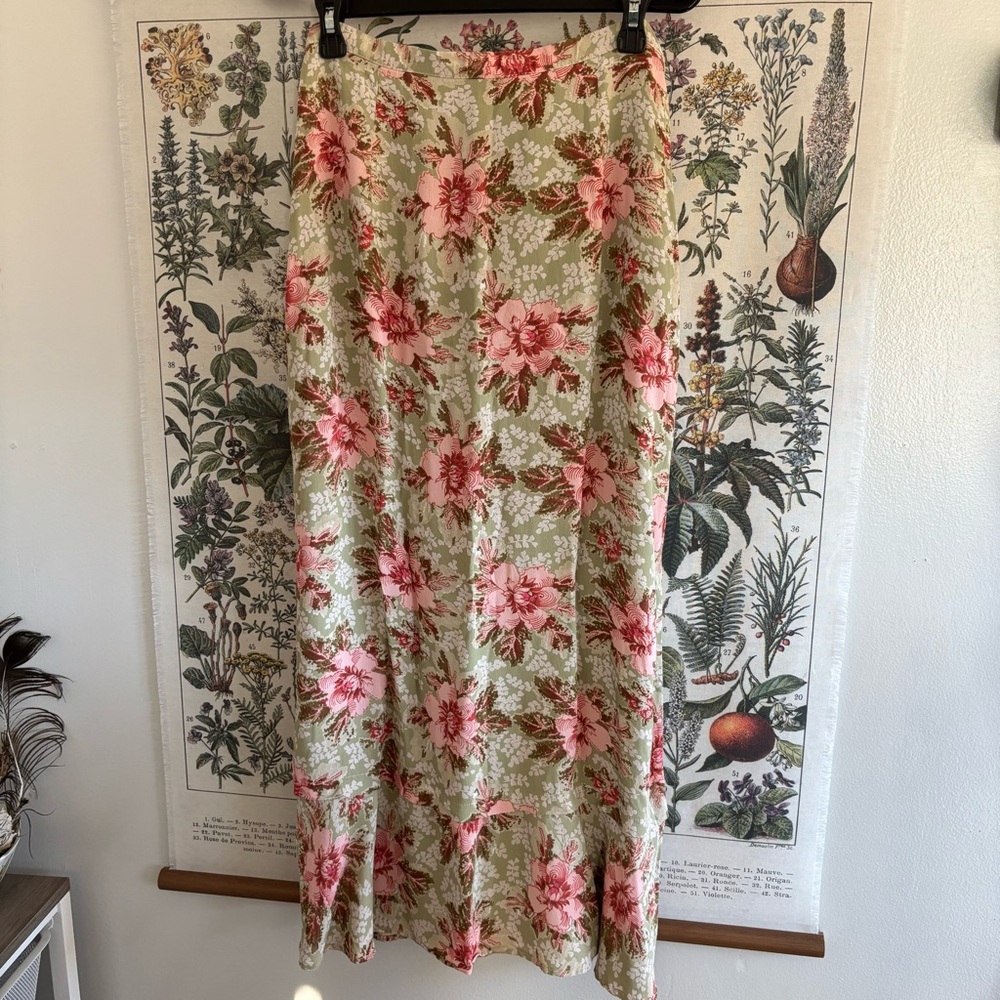 Vintage Floral Pink and Green Women's Maxi Skirt Medium